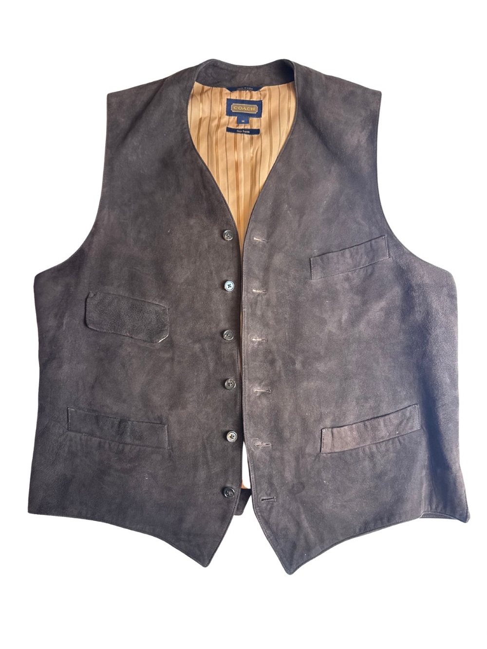 Coach Men’s Suede Leather Vest Size M Charcoal Brown Button Front Buckle Back